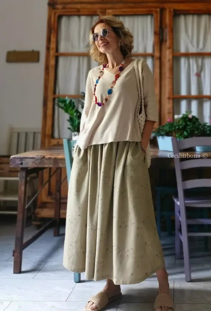 Gonna in lino ricamato con elastico e tasche (Ref. 303) gonna donna