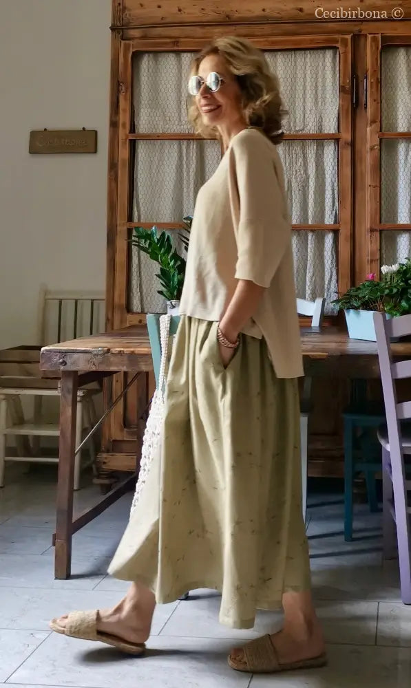 Gonna in lino ricamato con elastico e tasche (Ref. 303) gonna donna