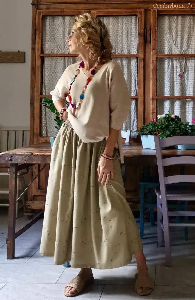 Gonna in lino ricamato con elastico e tasche (Ref. 303) gonna donna