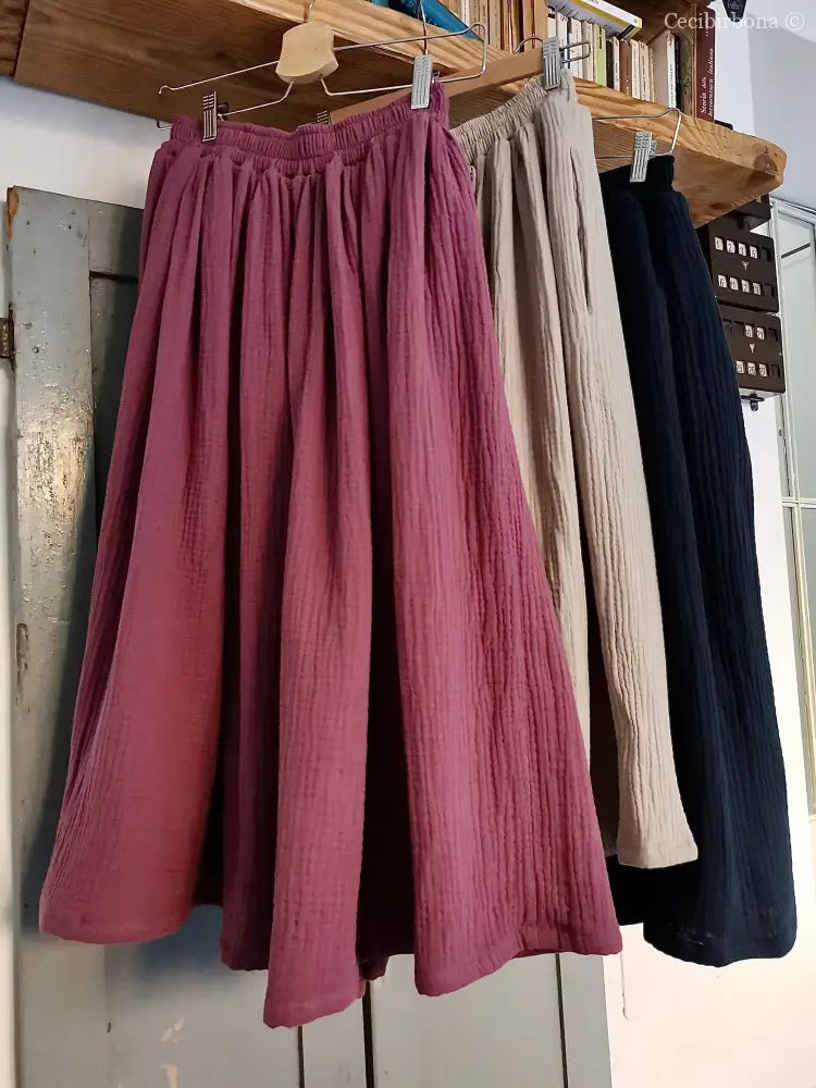 Gonna in mussola di cotone rosa con cinturino elastico e tasche (Ref. 102) gonna donna