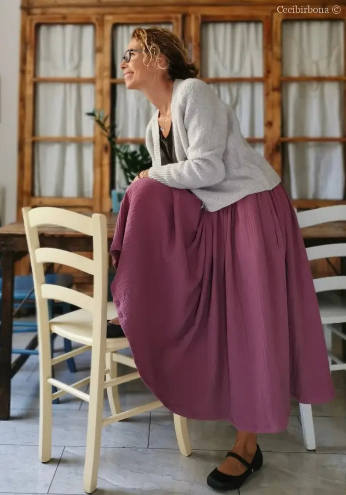 Gonna in mussola di cotone rosa con cinturino elastico e tasche (Ref. 102) gonna donna