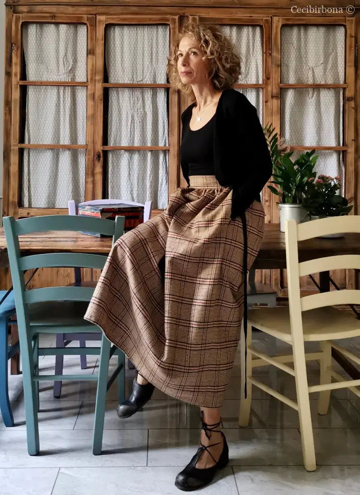 Gonna lunga di lana tartan con cinturino a vita alta - lunga a terra gonna donna