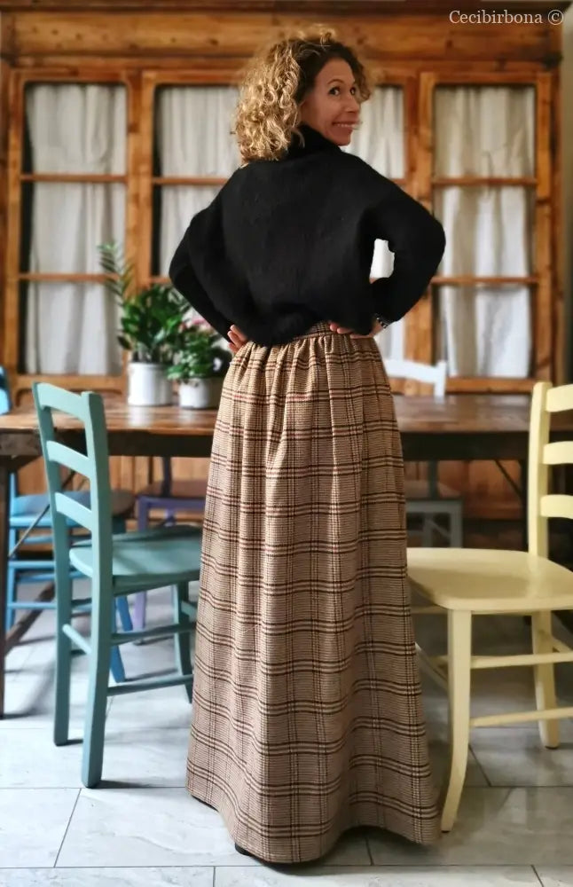 Gonna lunga di lana tartan con cinturino a vita alta - lunga a terra gonna donna