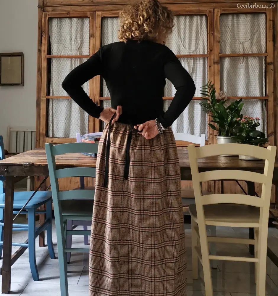 Gonna lunga di lana tartan con cinturino a vita alta - lunga a terra gonna donna