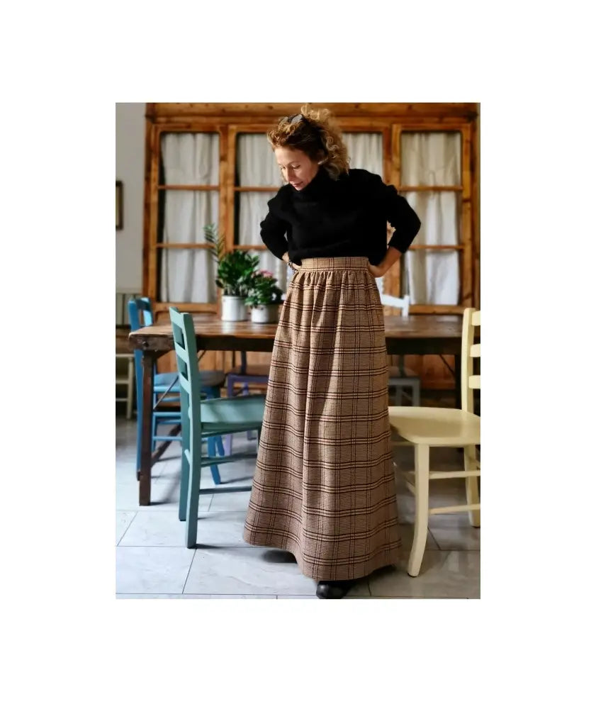 Gonna lunga di lana tartan con cinturino a vita alta - lunga a terra gonna donna