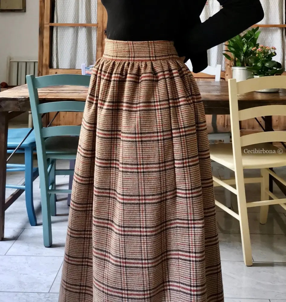 Gonna lunga di lana tartan con cinturino a vita alta - lunga a terra gonna donna