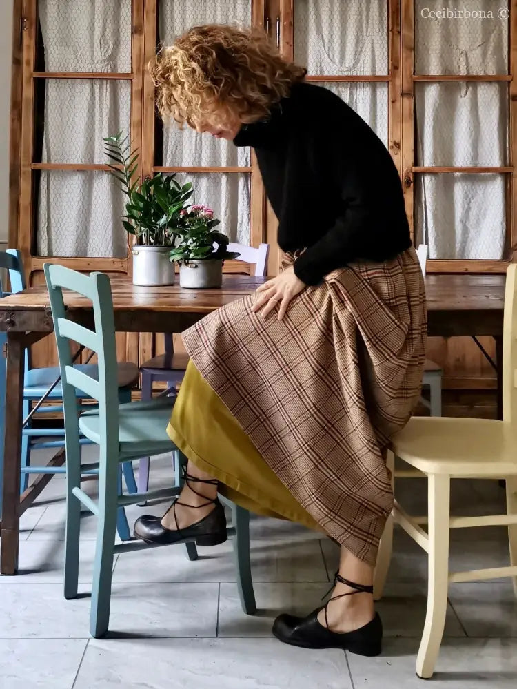Gonna lunga di lana tartan con cinturino a vita alta - lunga a terra gonna donna