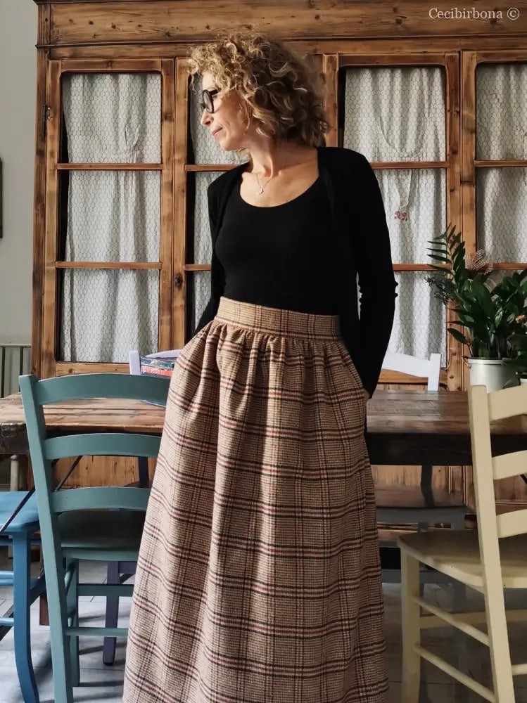 Gonna lunga di lana tartan con cinturino a vita alta - lunga a terra gonna donna