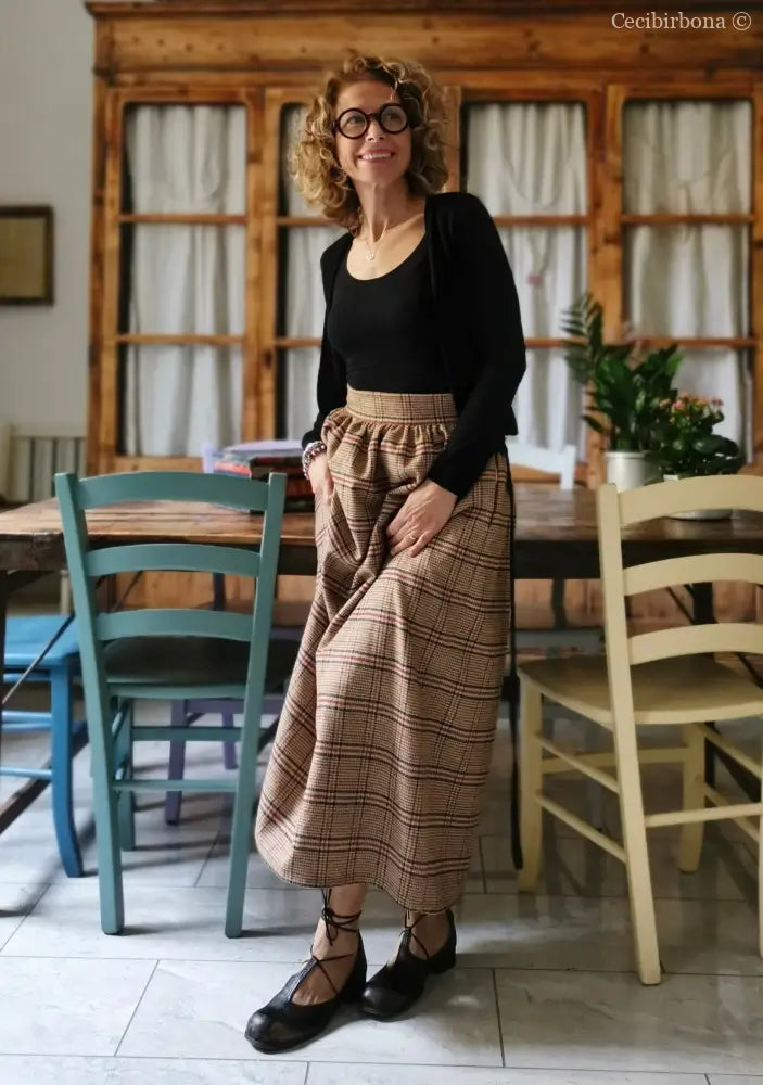 Gonna lunga di lana tartan con cinturino a vita alta - lunga a terra gonna donna