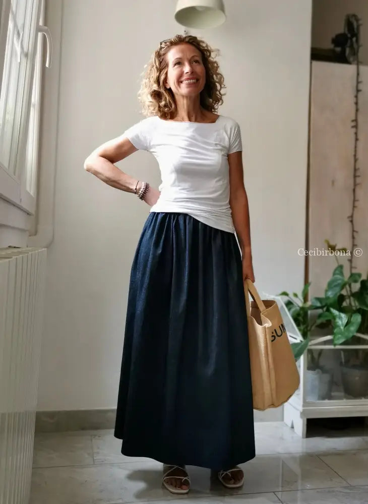 Gonna lunga in cotone denim con cinturino elastico gonna donna