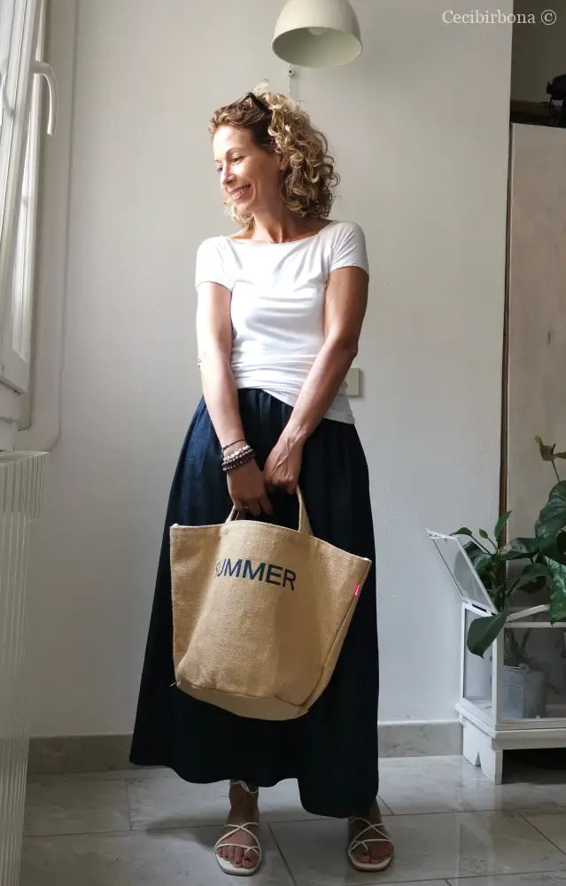 Gonna lunga in cotone denim con cinturino elastico gonna donna