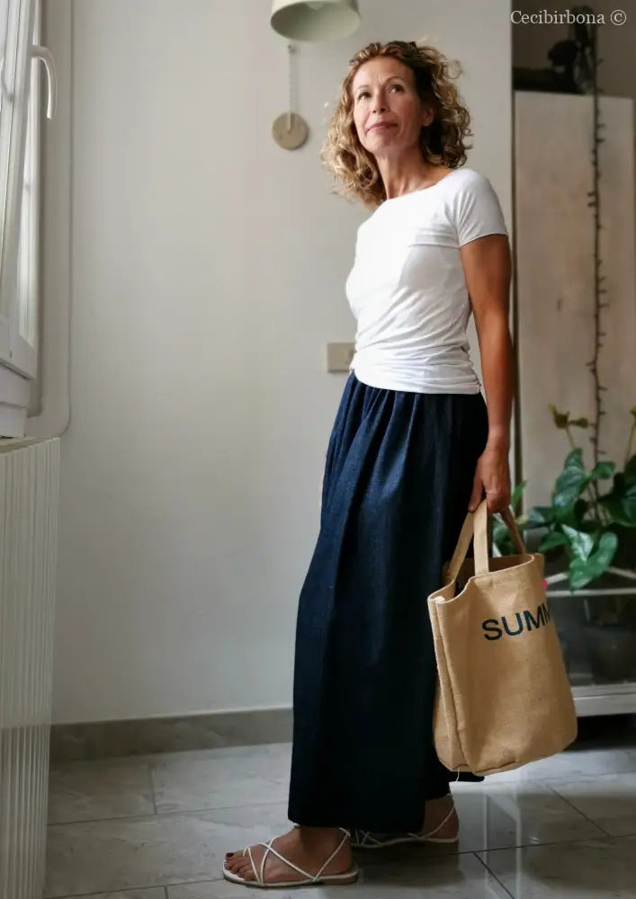 Gonna lunga in cotone denim con cinturino elastico gonna donna