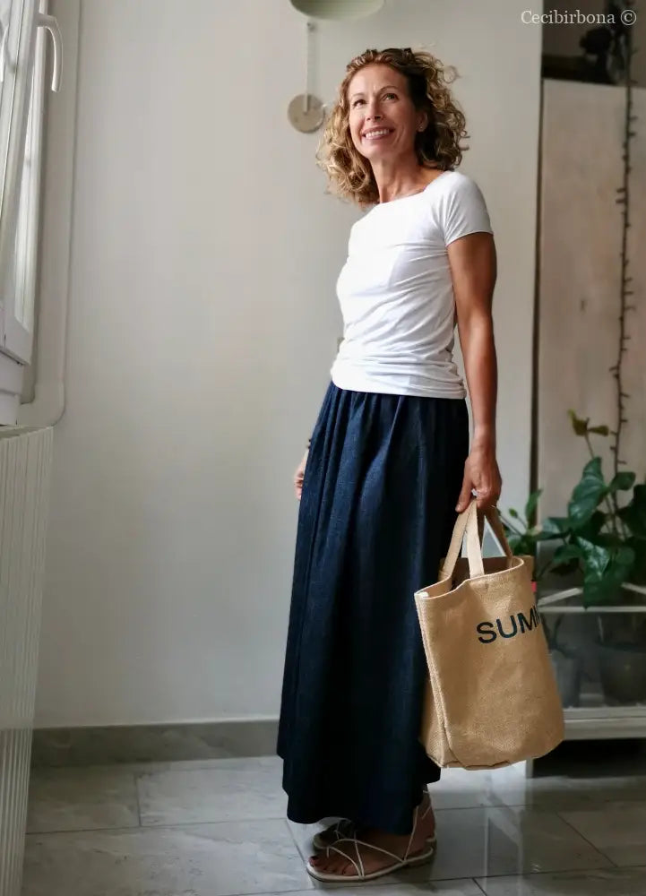 Gonna lunga in cotone denim con cinturino elastico gonna donna