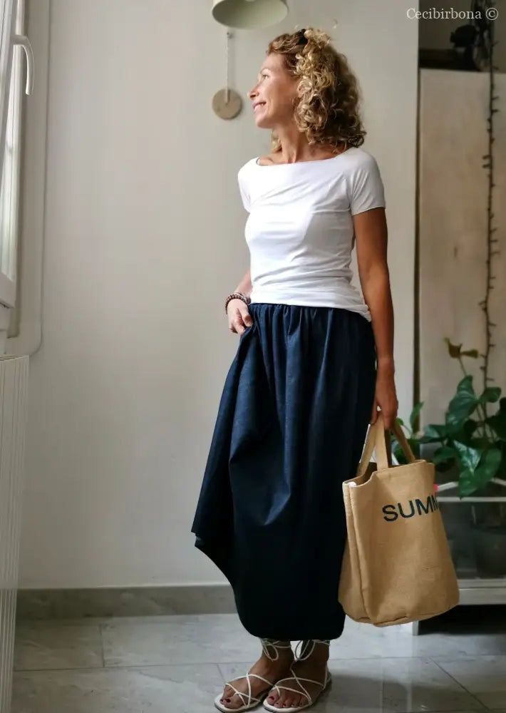 Gonna lunga in cotone denim con cinturino elastico gonna donna