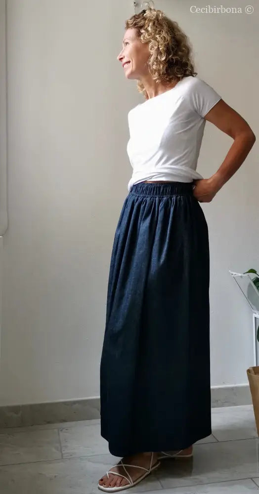 Gonna lunga in cotone denim con cinturino elastico gonna donna