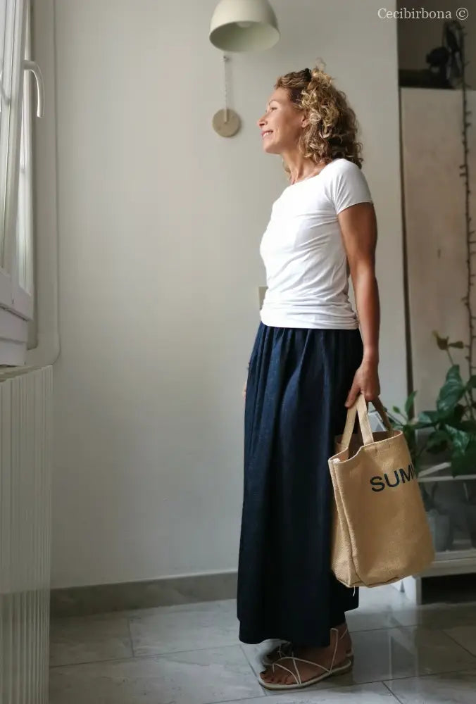 Gonna lunga in cotone denim con cinturino elastico gonna donna