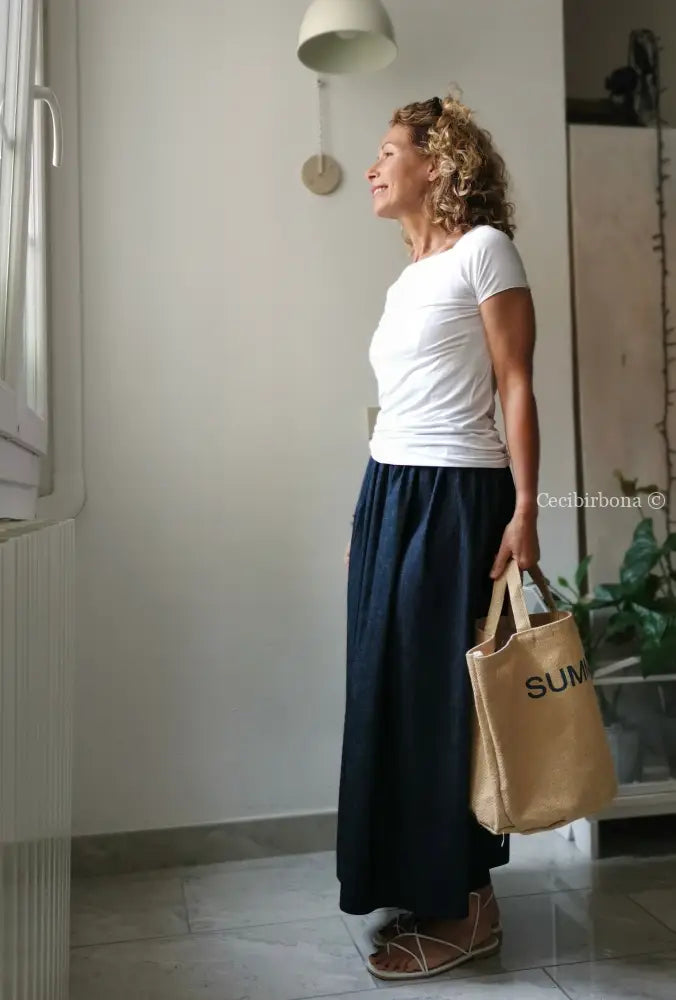 Gonna lunga in cotone denim con cinturino elastico gonna donna