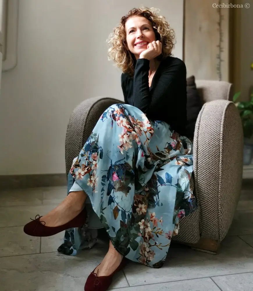 Gonna lunga in viscosa celeste a fiori (Ref. 105) gonna donna