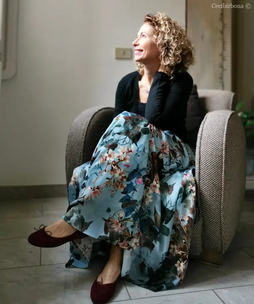 Gonna lunga in viscosa celeste a fiori (Ref. 105) gonna donna