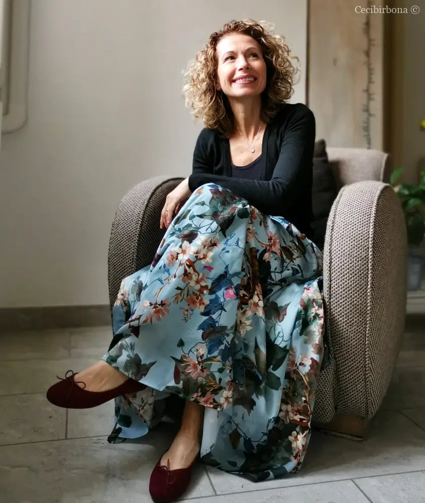 Gonna lunga in viscosa celeste a fiori (Ref. 105) gonna donna