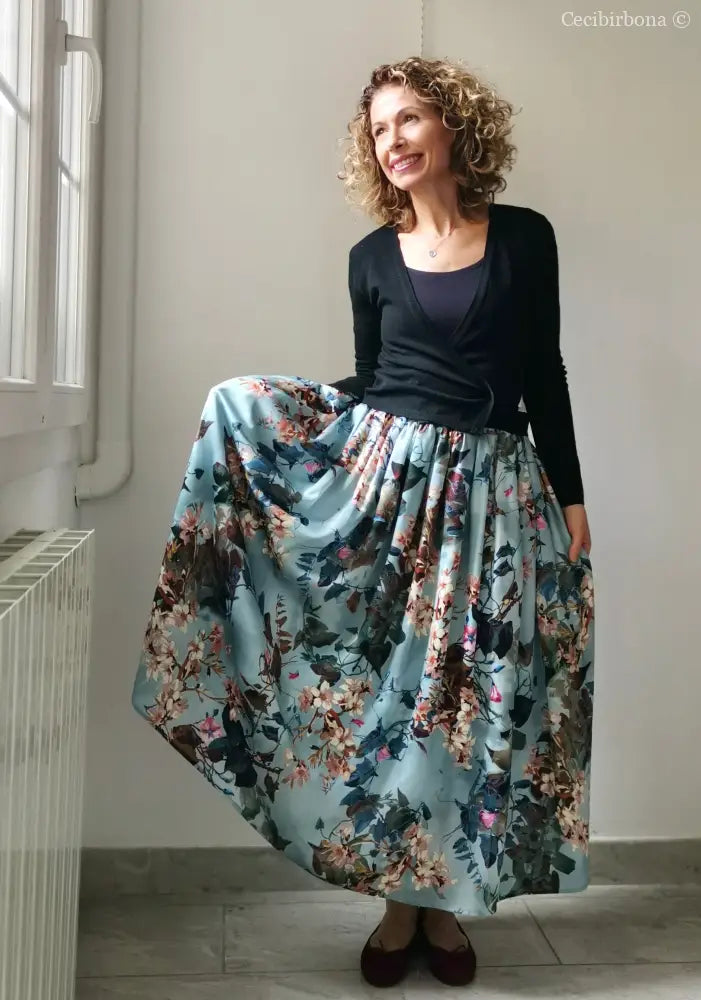 Gonna lunga in viscosa celeste a fiori (Ref. 105) gonna donna