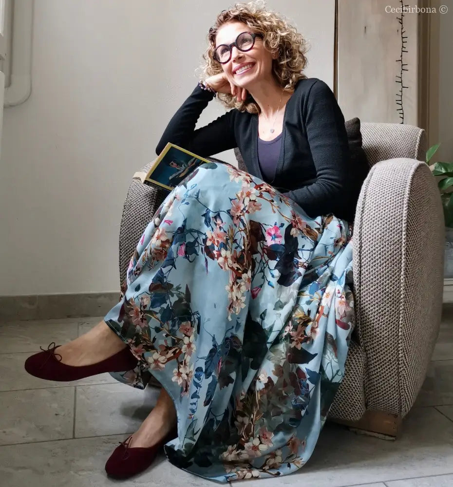 Gonna lunga in viscosa celeste a fiori (Ref. 105) gonna donna