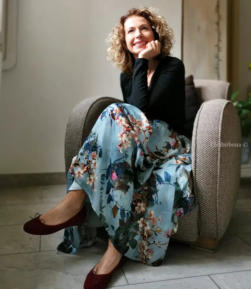 Gonna lunga in viscosa celeste a fiori (Ref. 105) gonna donna