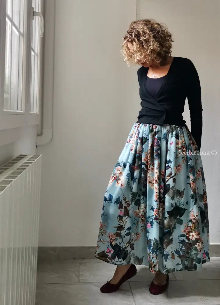 Gonna lunga in viscosa celeste a fiori (Ref. 105) gonna donna