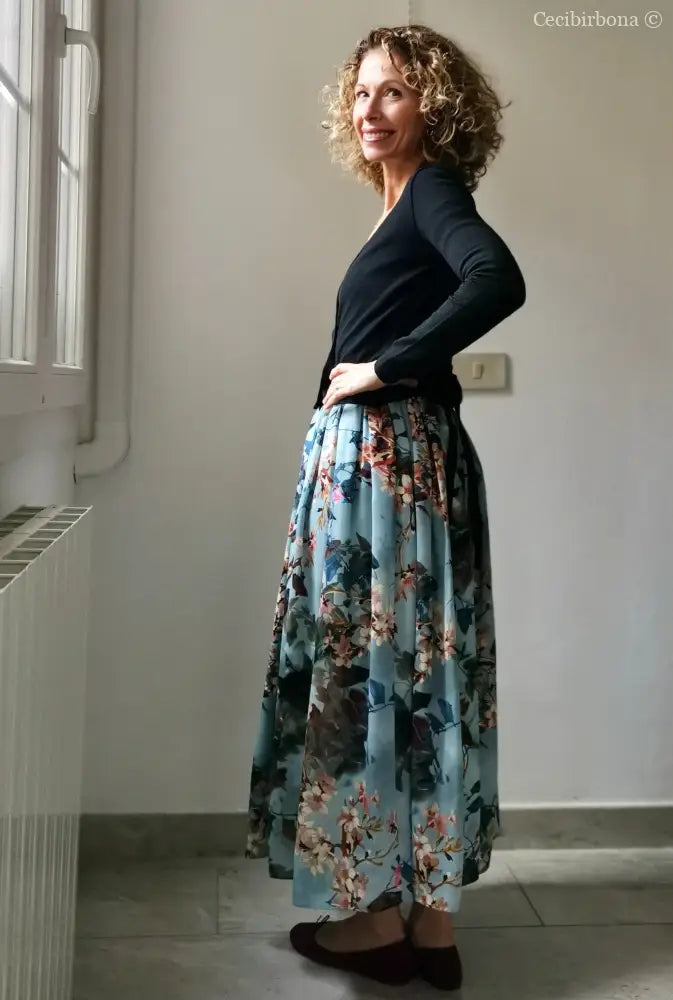 Gonna lunga in viscosa celeste a fiori (Ref. 105) gonna donna
