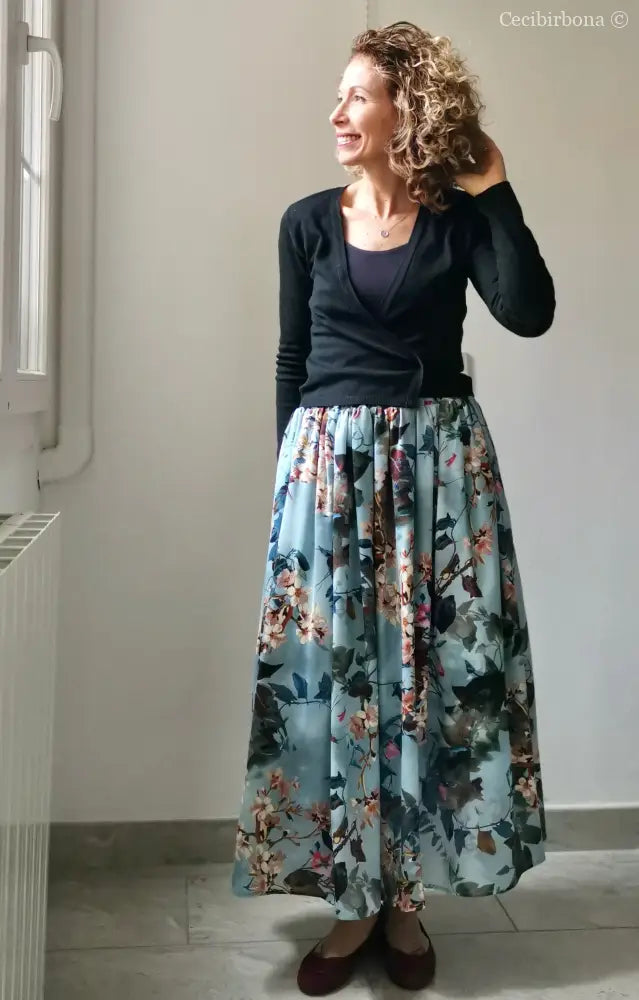 Gonna lunga in viscosa celeste a fiori (Ref. 105) gonna donna