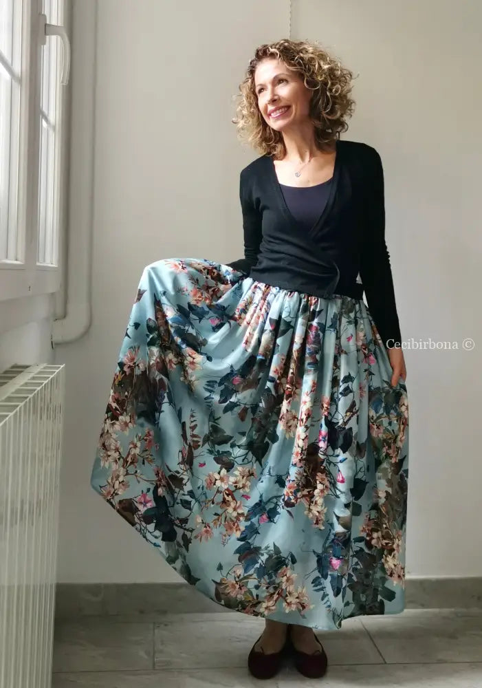 Gonna lunga in viscosa celeste a fiori (Ref. 105) gonna donna