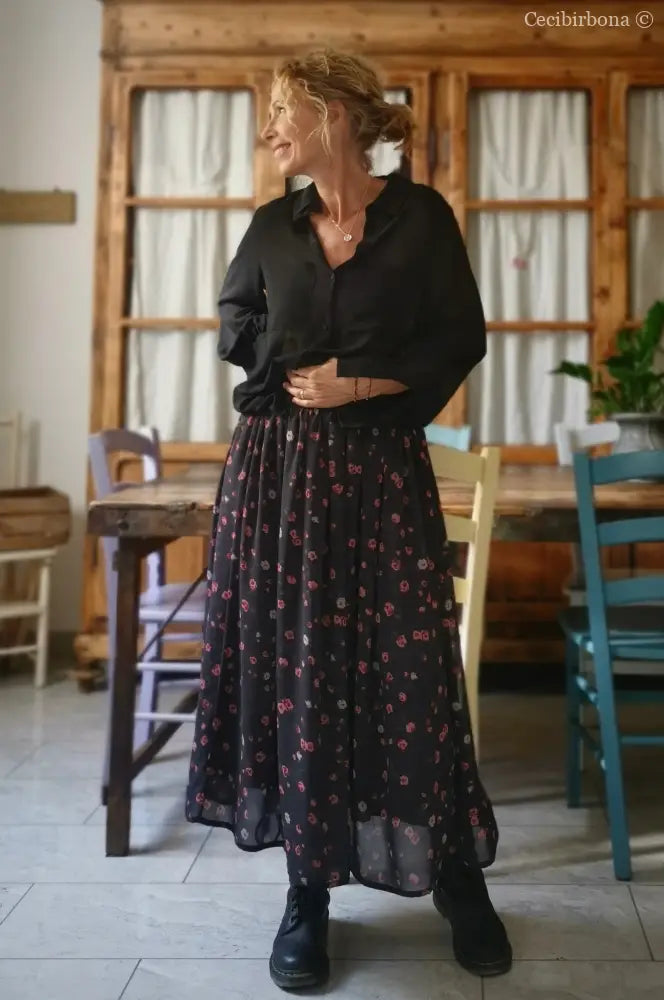 Gonna lunga in viscosa grigia a fiori rosa gonna donna