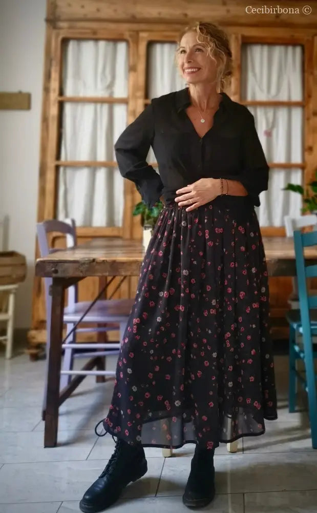 Gonna lunga in viscosa grigia a fiori rosa gonna donna