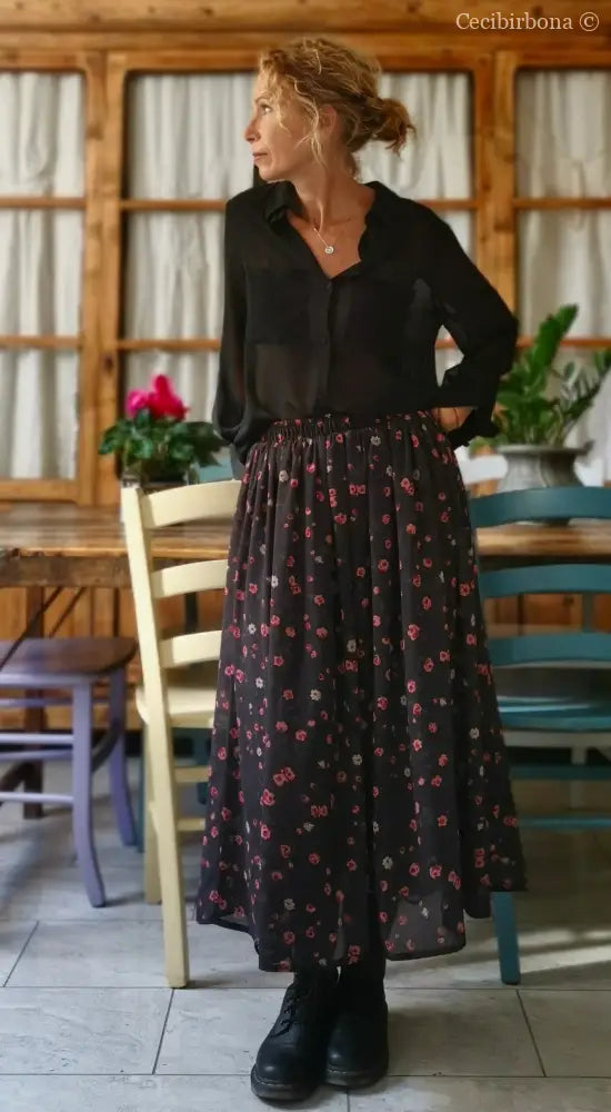 Gonna lunga in viscosa grigia a fiori rosa gonna donna