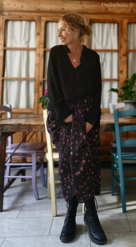 Gonna lunga in viscosa grigia a fiori rosa gonna donna