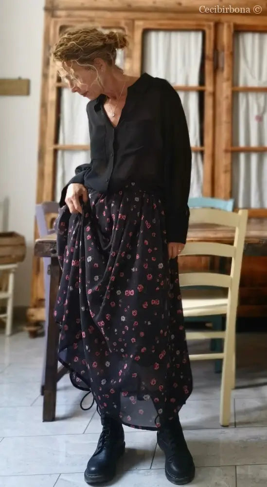 Gonna lunga in viscosa grigia a fiori rosa gonna donna