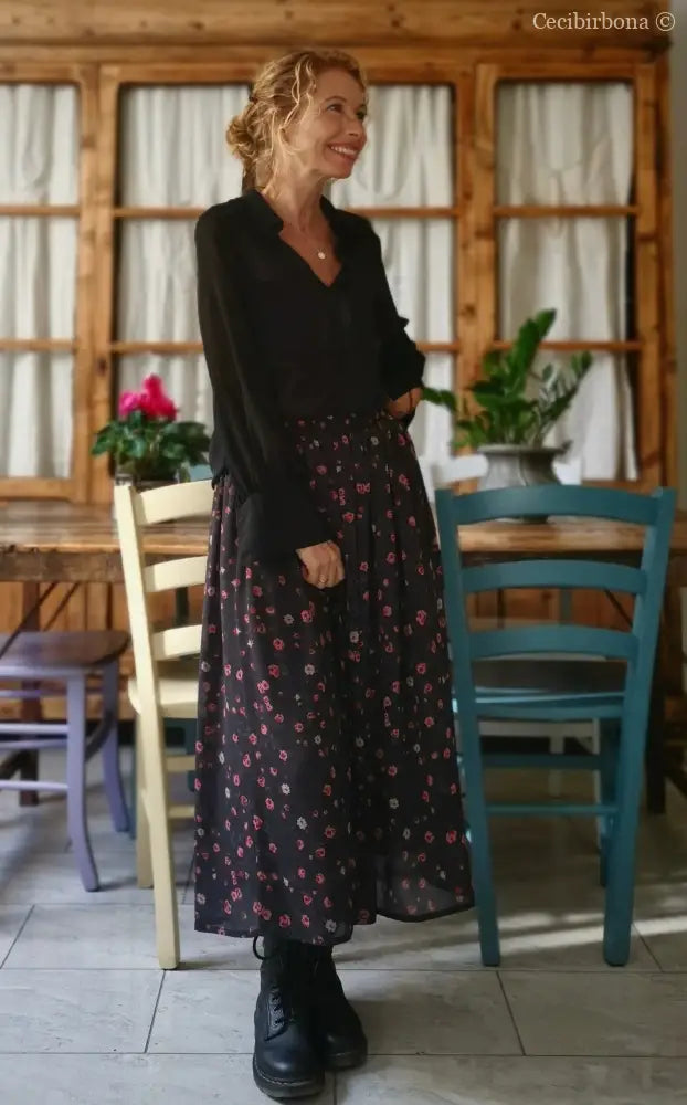 Gonna lunga in viscosa grigia a fiori rosa gonna donna