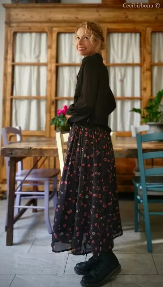 Gonna lunga in viscosa grigia a fiori rosa gonna donna