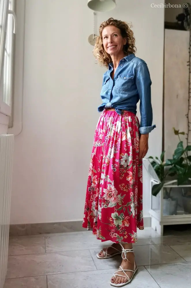 Gonna lunga in viscosa rosa ciclamino a fiori gonna donna