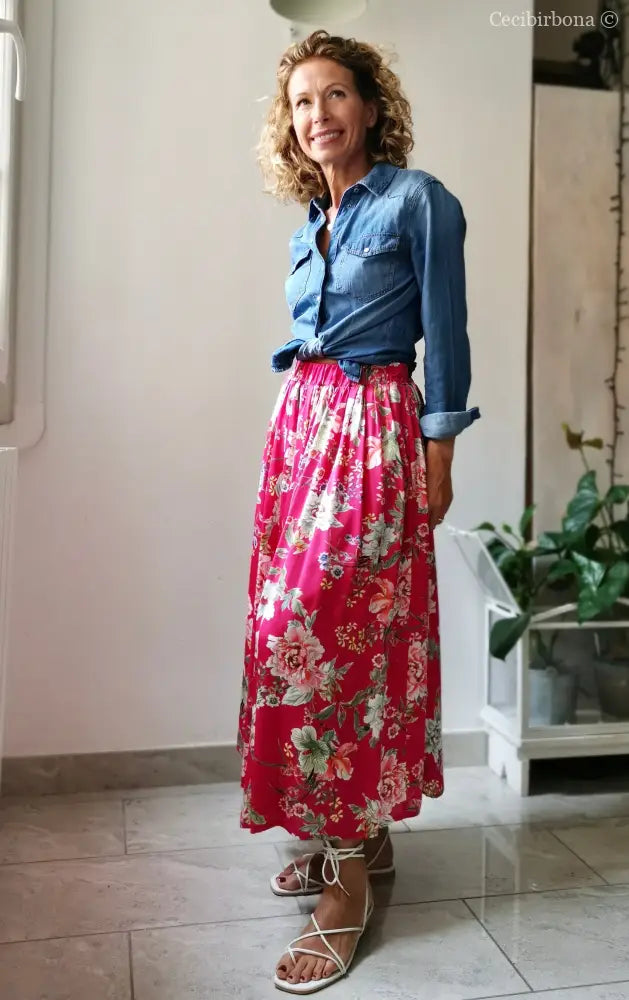 Gonna lunga in viscosa rosa ciclamino a fiori gonna donna