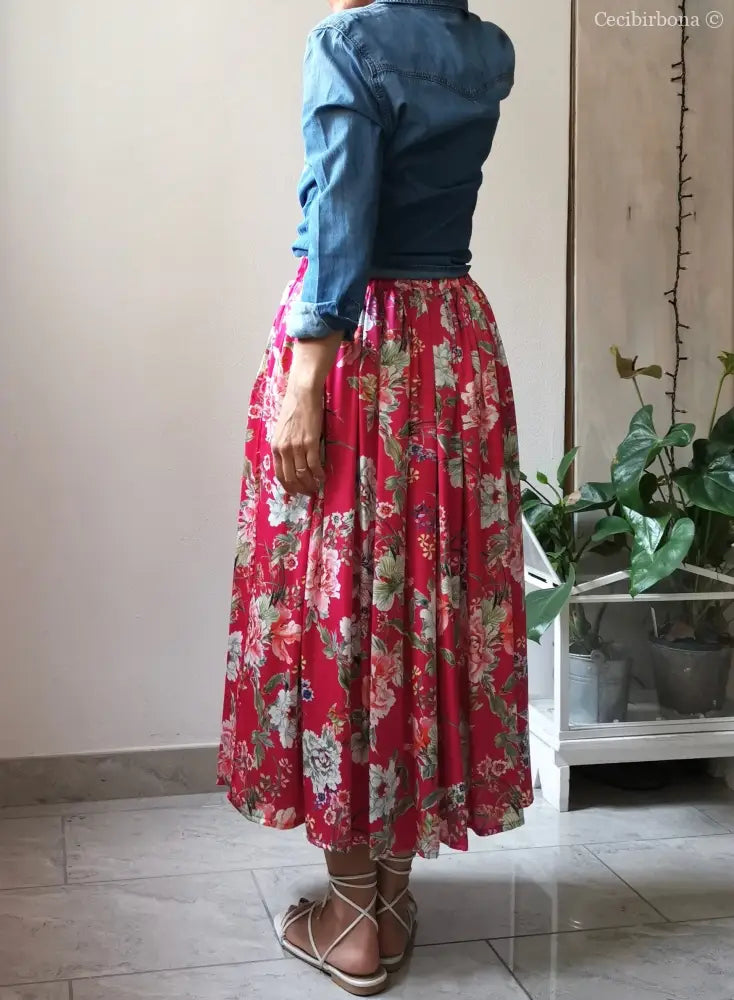 Gonna lunga in viscosa rosa ciclamino a fiori gonna donna