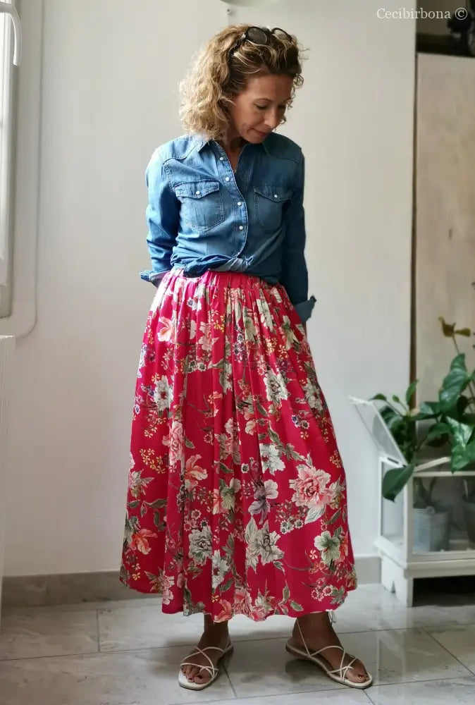 Gonna lunga in viscosa rosa ciclamino a fiori gonna donna