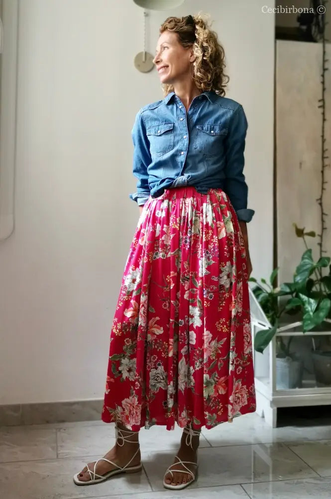 Gonna lunga in viscosa rosa ciclamino a fiori gonna donna