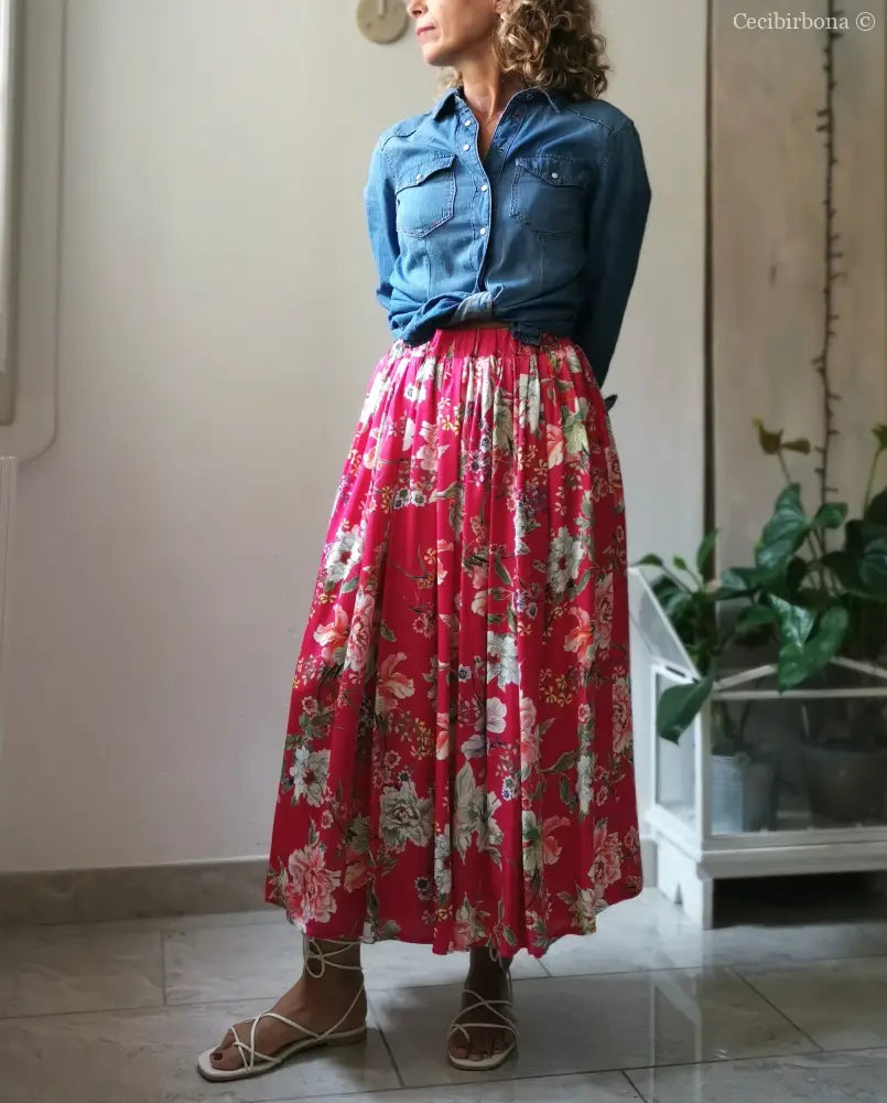 Gonna lunga in viscosa rosa ciclamino a fiori gonna donna