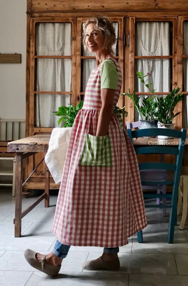Grembiule a quadri rosa antico e verde chiaro (Ref. 325) grembiule donna tessuti moderni
