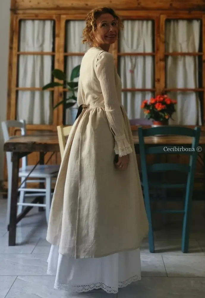 Grembiule abito in lino grezzo beige con lacci marroni (Ref. 29) grembiule donna tessuti moderni