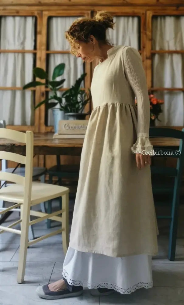 Grembiule abito in lino grezzo beige con lacci marroni (Ref. 29) grembiule donna tessuti moderni