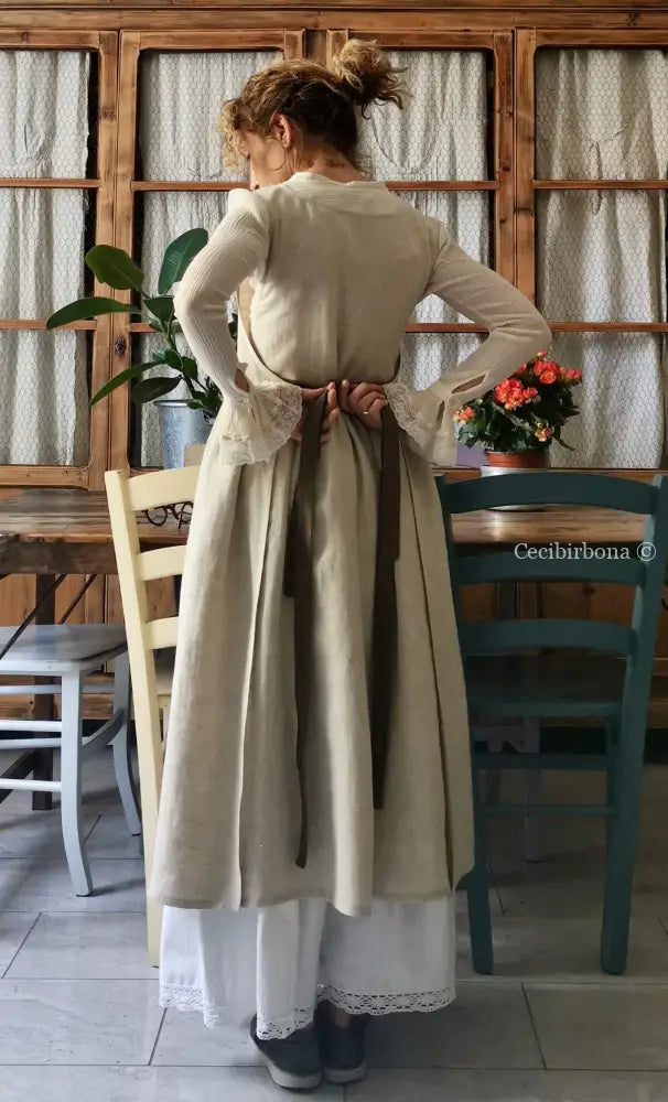 Grembiule abito in lino grezzo beige con lacci marroni (Ref. 29) grembiule donna tessuti moderni
