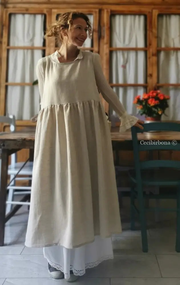 Grembiule abito in lino grezzo beige con lacci marroni (Ref. 29) grembiule donna tessuti moderni
