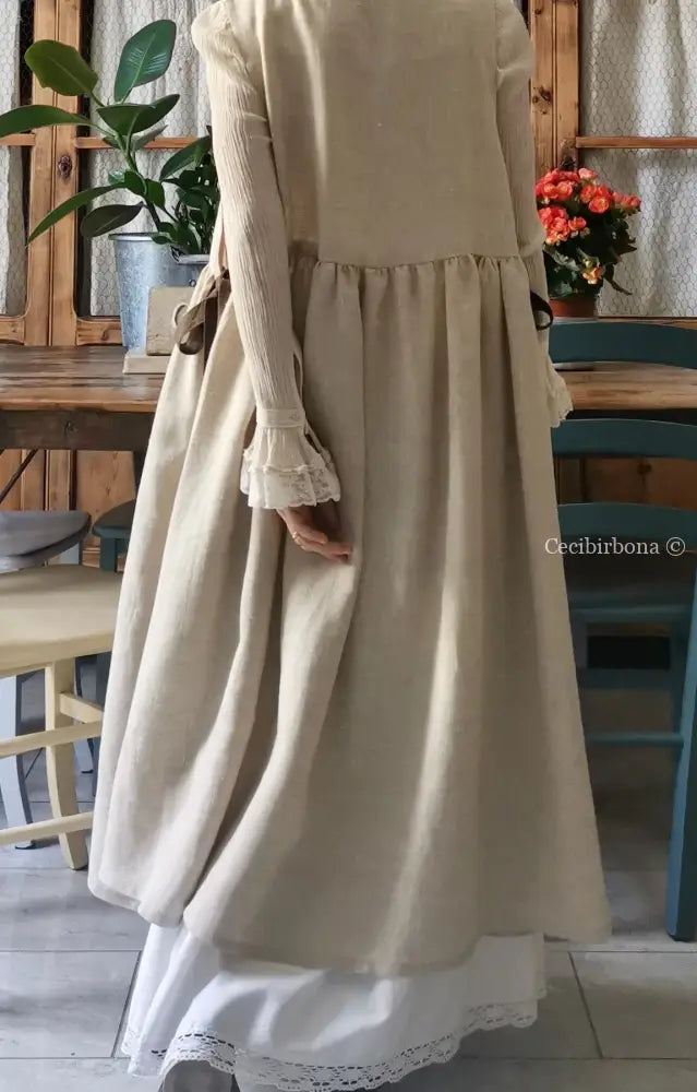 Grembiule abito in lino grezzo beige con lacci marroni (Ref. 29) grembiule donna tessuti moderni